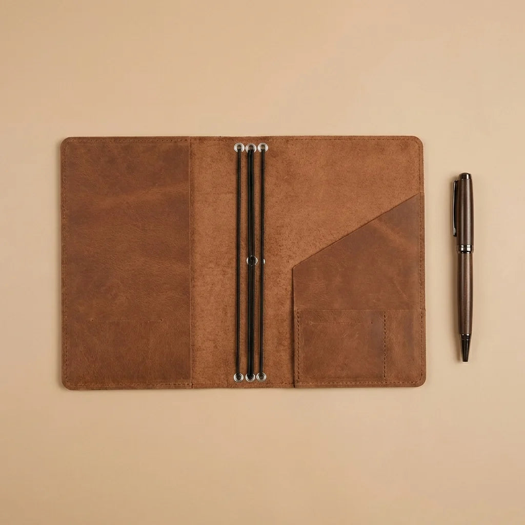 Brown leather notebook with pen holder and a pen on a beige background
