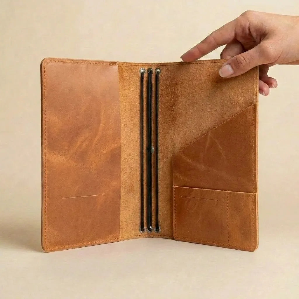 Handmade leather notebook cover with elastic bands and minimalist travel journal design