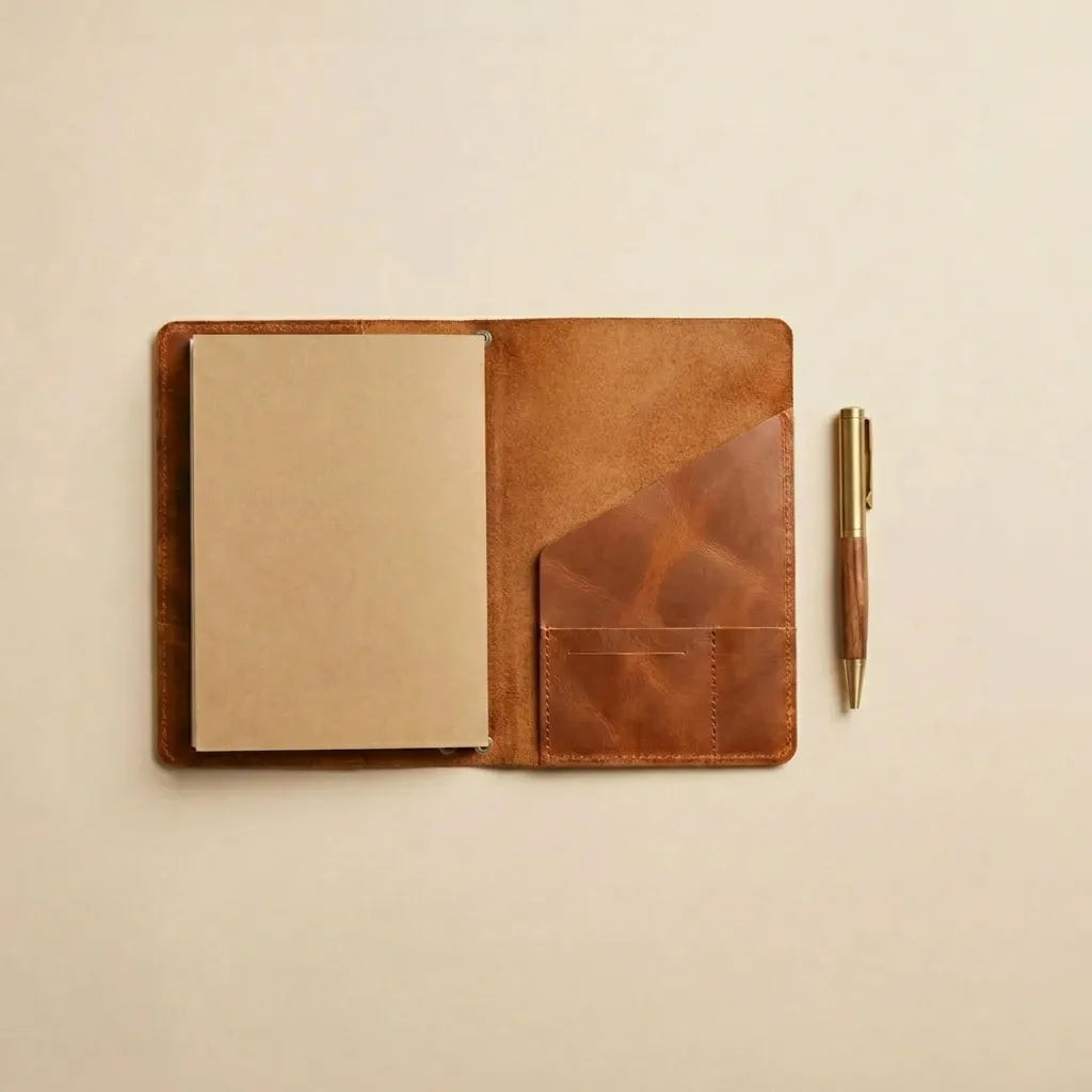 Leather journal cover with elastic bands for notebooks and daily planners