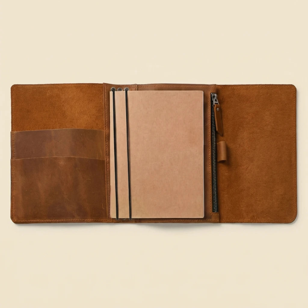 Brown leather journal with a beige interior on a beige background