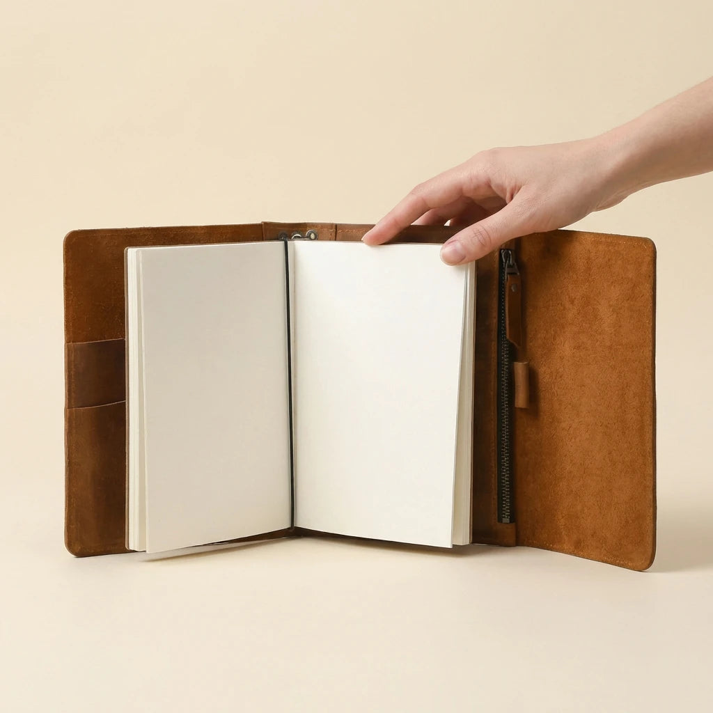 Brown leather notebook with a hand opening it on a beige background