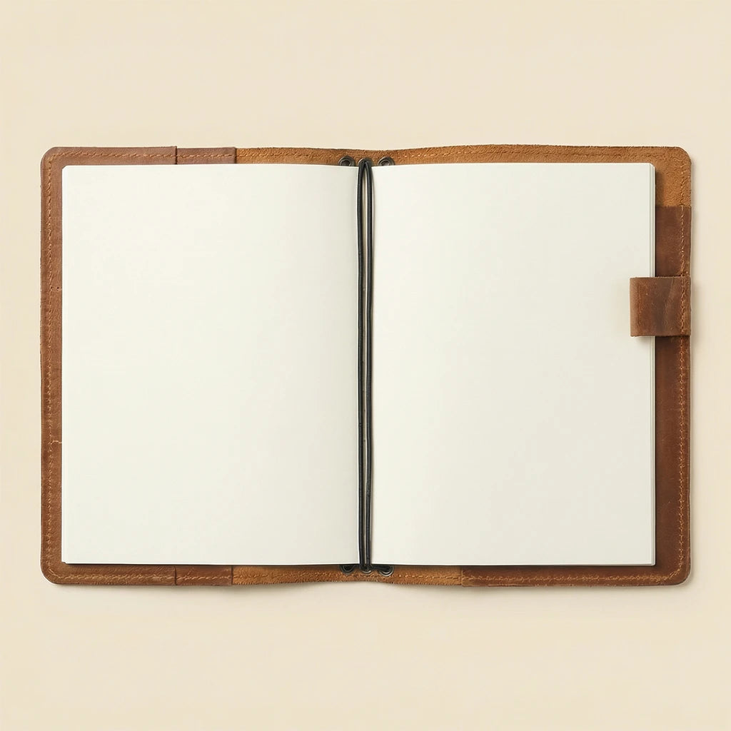 Open notebook with a brown leather cover on a beige background