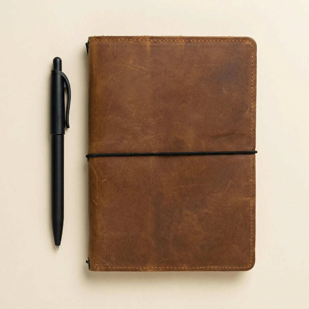 Brown leather notebook with a black pen on a beige background