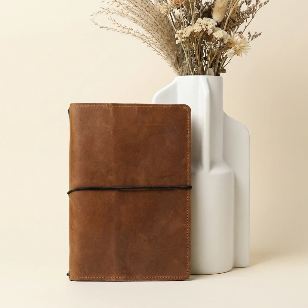 Brown leather notebook next to a white vase with dried flowers on a beige background