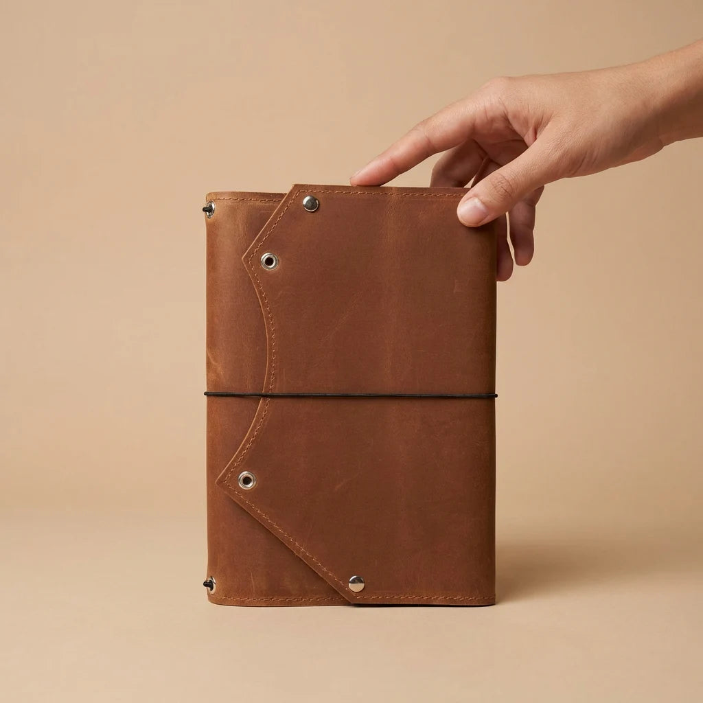 Brown leather notebook held by a hand against a beige background