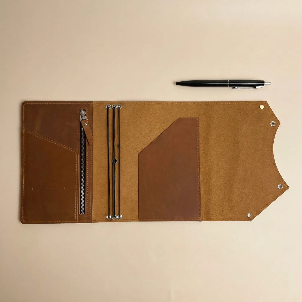 Brown leather journal cover with pen on a beige background
