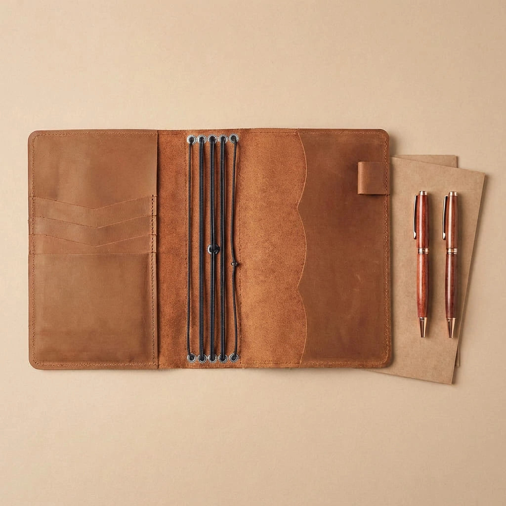 Brown leather journal cover with pens and a notebook on a beige background