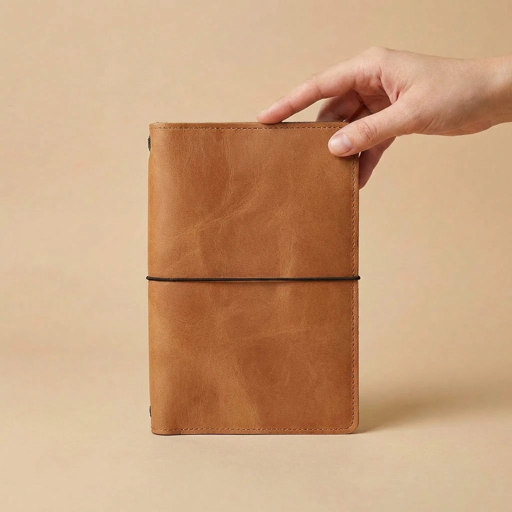 Brown leather notebook held by a hand against a beige background