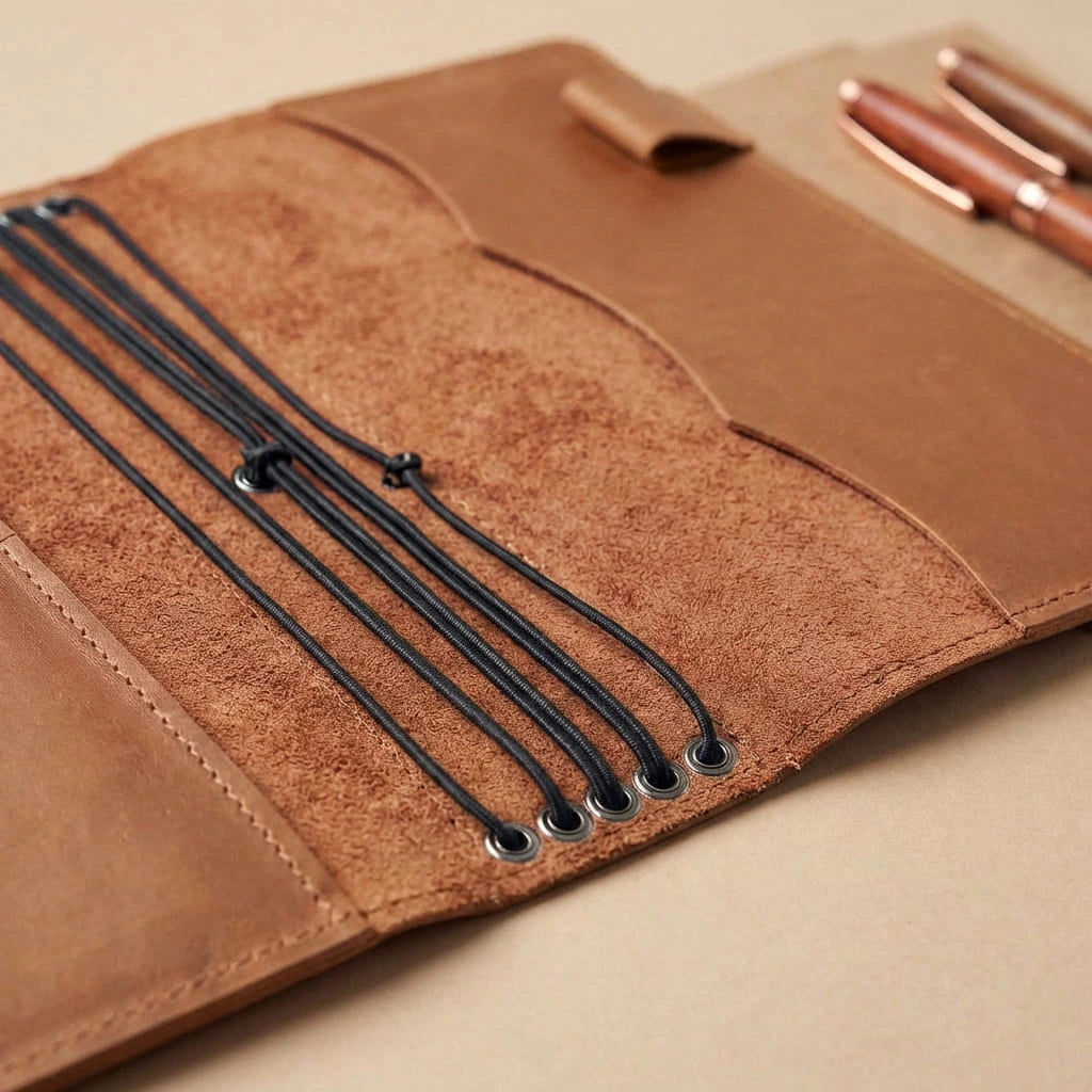 Brown leather case with black strings and a pen on a beige background
