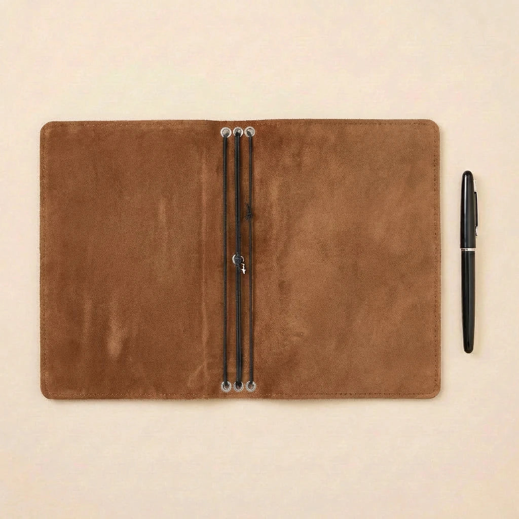 Brown leather notebook with pen holder and a pen on a beige background
