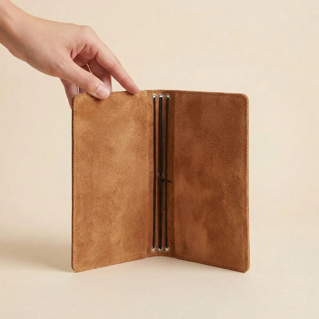 Brown leather journal cover held open by a hand on a beige background