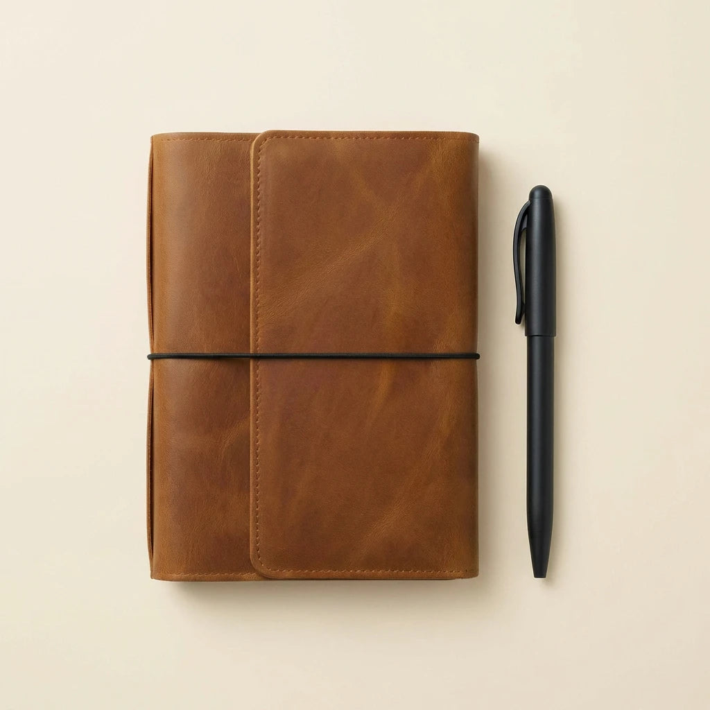 Brown leather notebook with a black pen on a beige background
