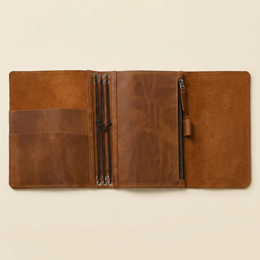 Brown leather journal open on a beige background