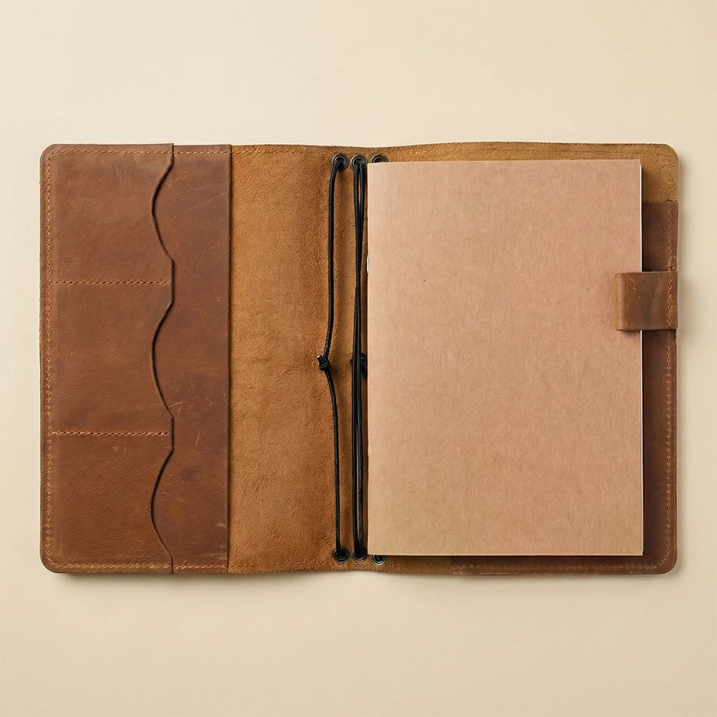 Brown leather notebook with a beige interior on a beige background