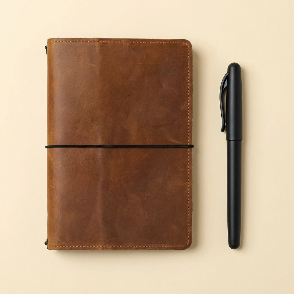 Brown leather notebook with a black pen on a beige background