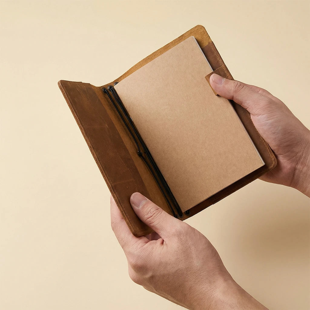 Brown leather notebook held open by a hand against a beige background