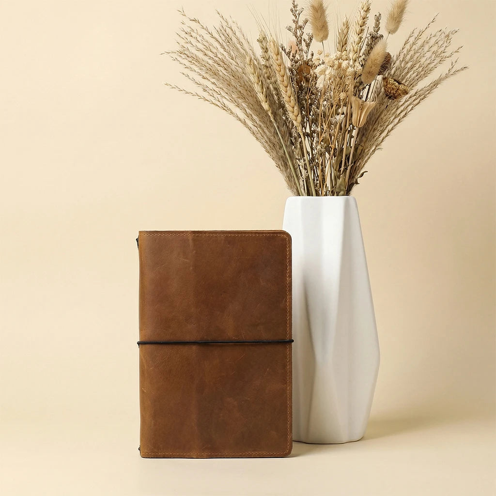 Brown leather notebook and white vase with dried plants on a beige background