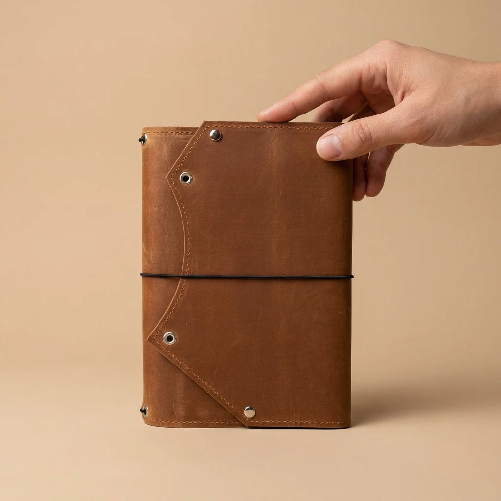 Brown leather notebook held by a hand against a beige background