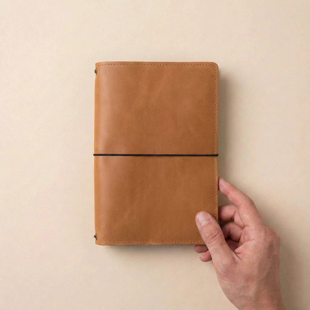 Brown leather notebook held by a hand against a beige background