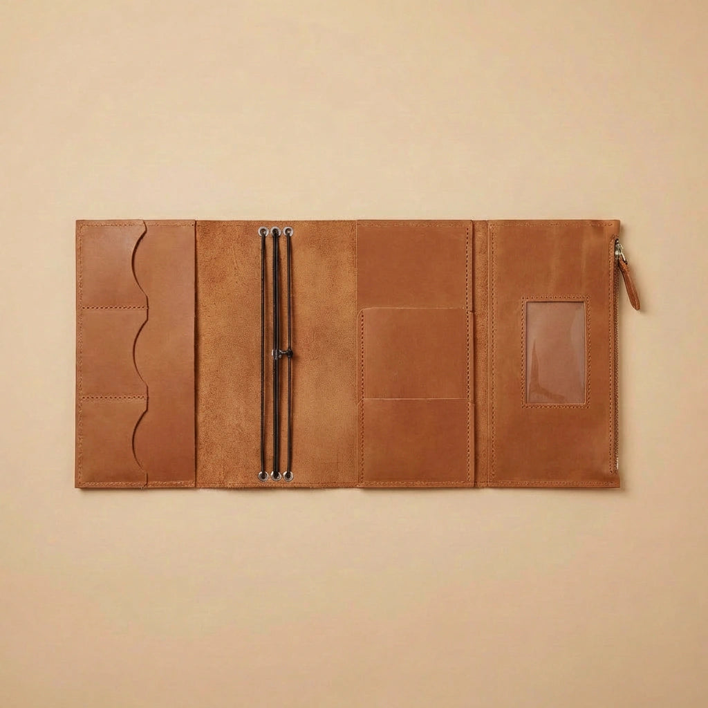 Brown leather journal cover on a beige background