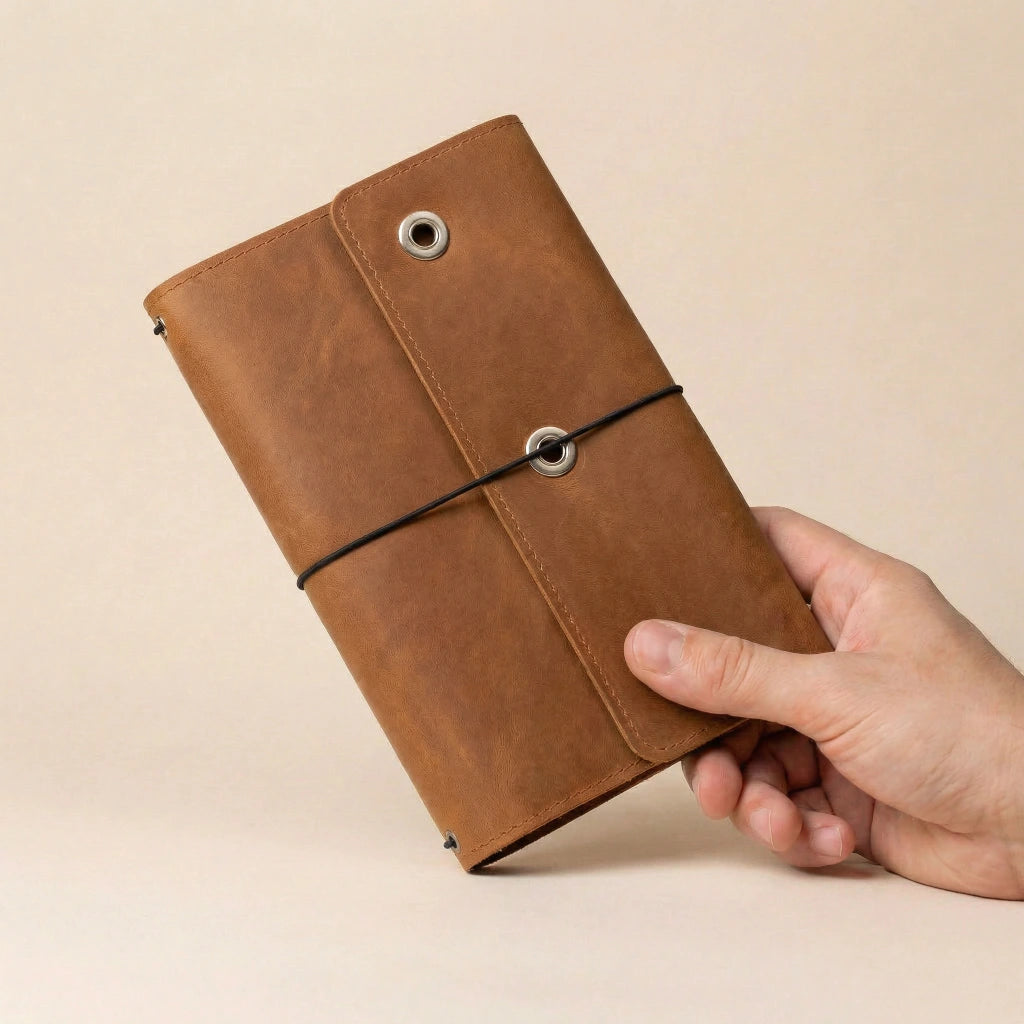 Brown leather notebook held by a hand against a beige background