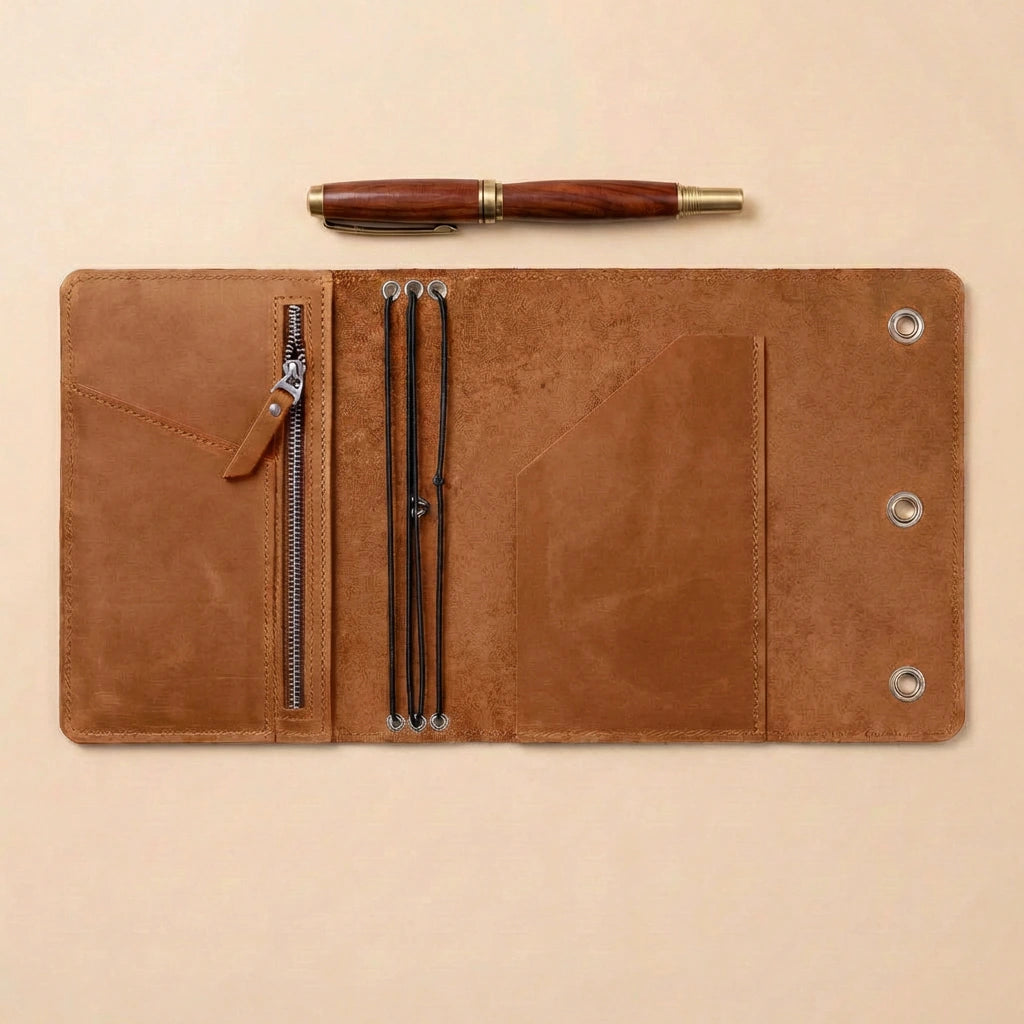 Brown leather journal cover with pen on a beige background