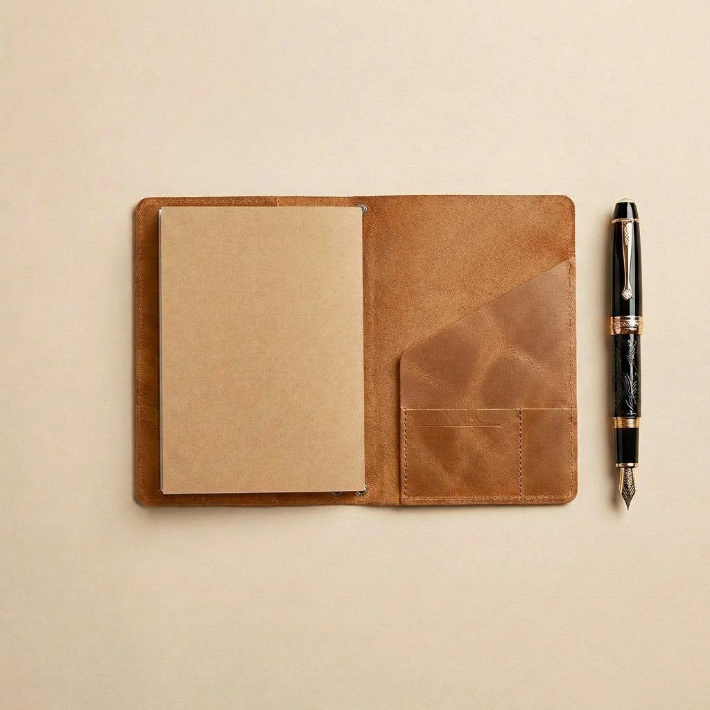 Brown leather notebook with a pen on a beige background