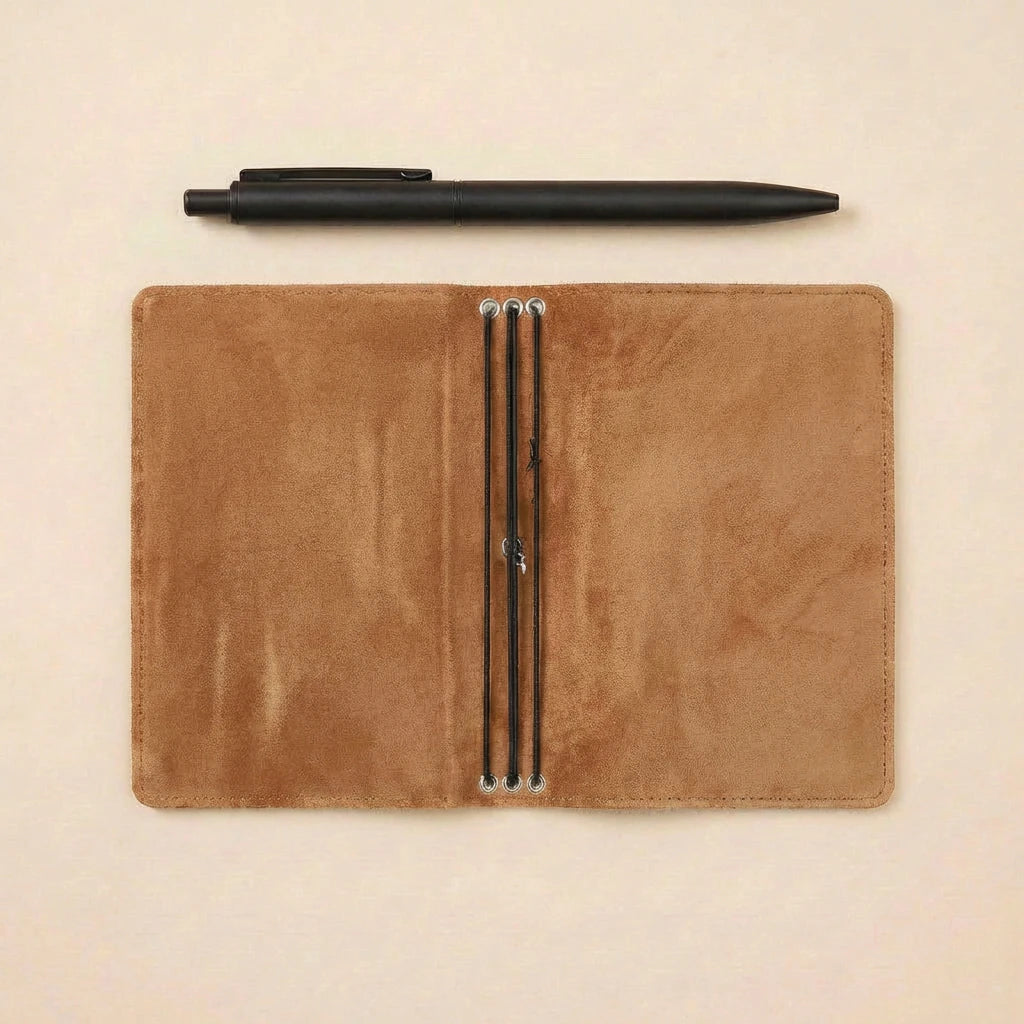 Brown leather notebook cover with pen on a beige background