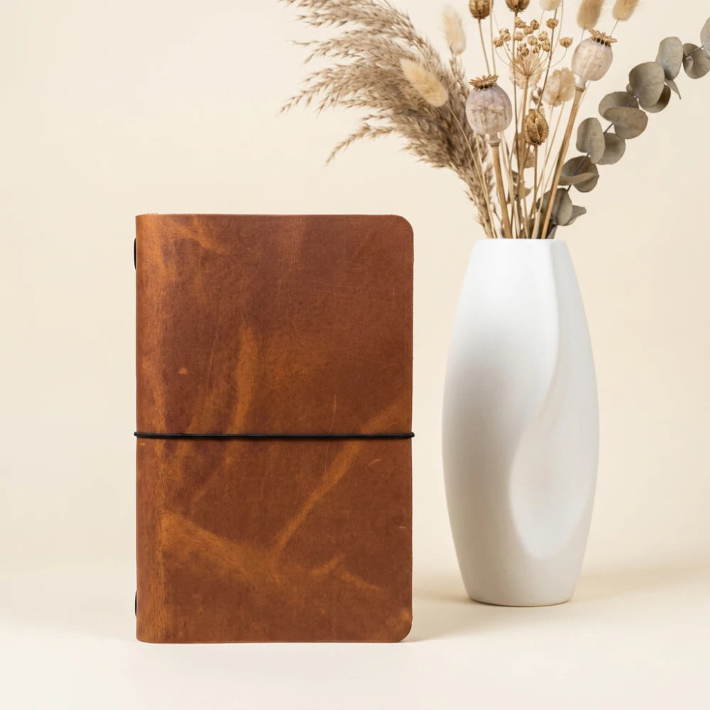 Handcrafted leather notebook wrap for carrying personal notes, ideas, and daily reflections.