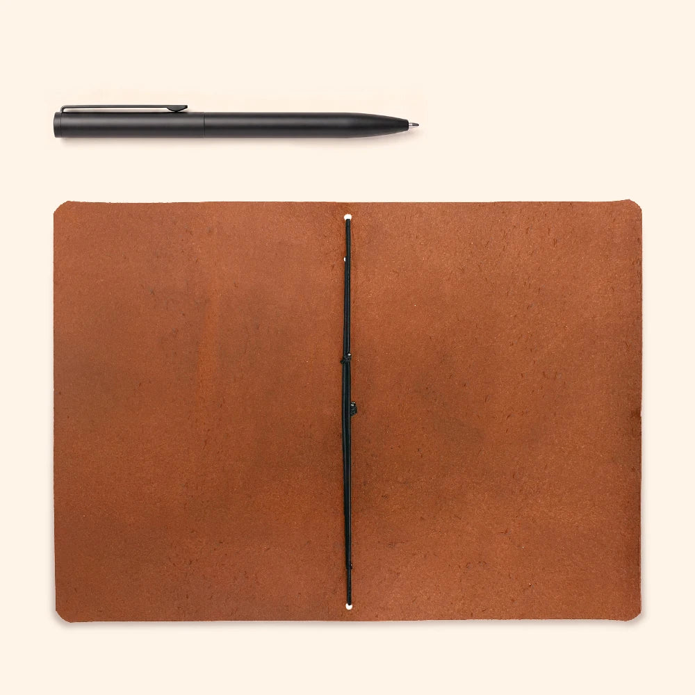 Open leather writing case with one elastic loop securing the notebook pages.