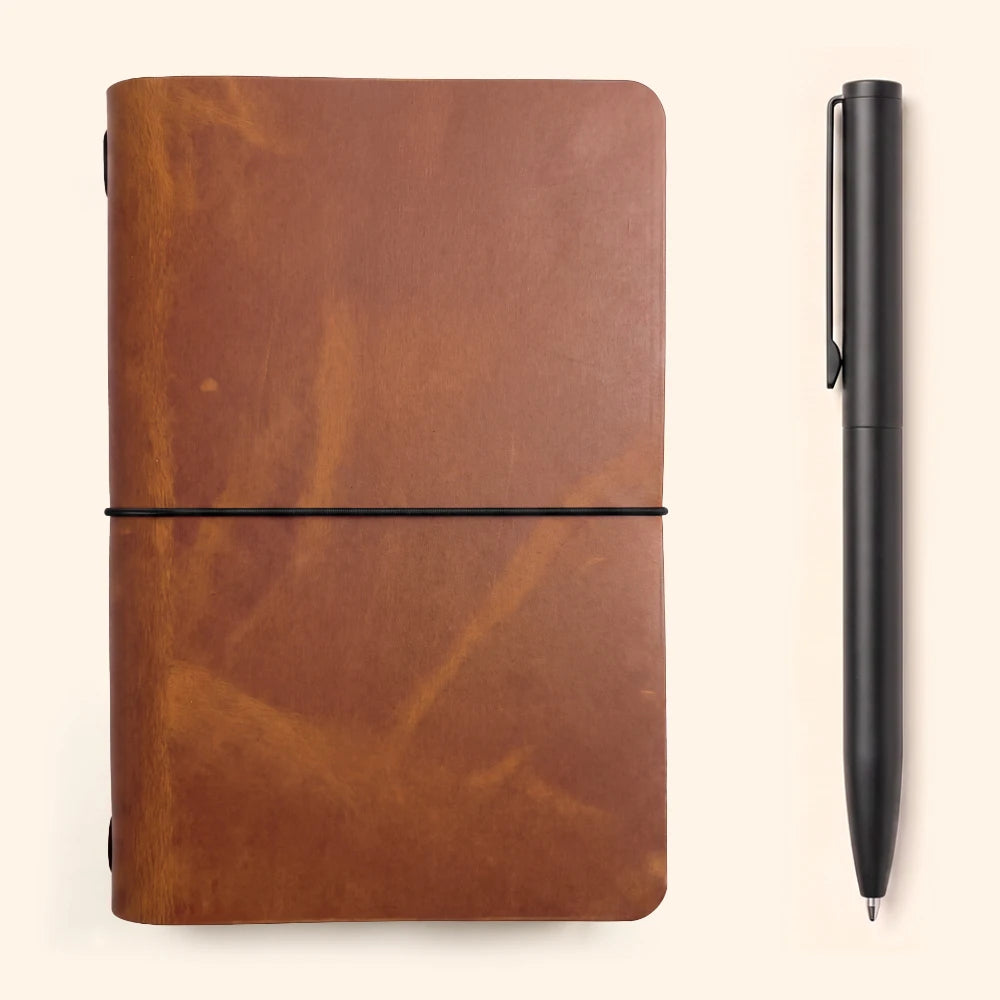 Simple leather notebook cover showcasing natural texture and practical elastic band inside.