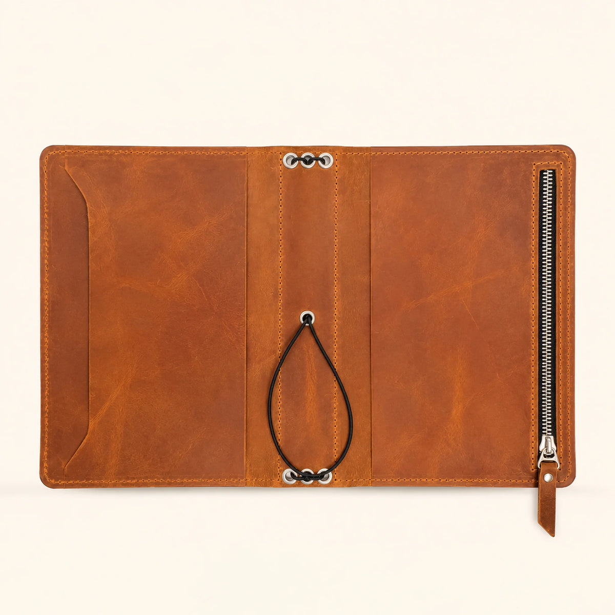 Rustic leather notebook cover with useful pockets inside and outside for storage