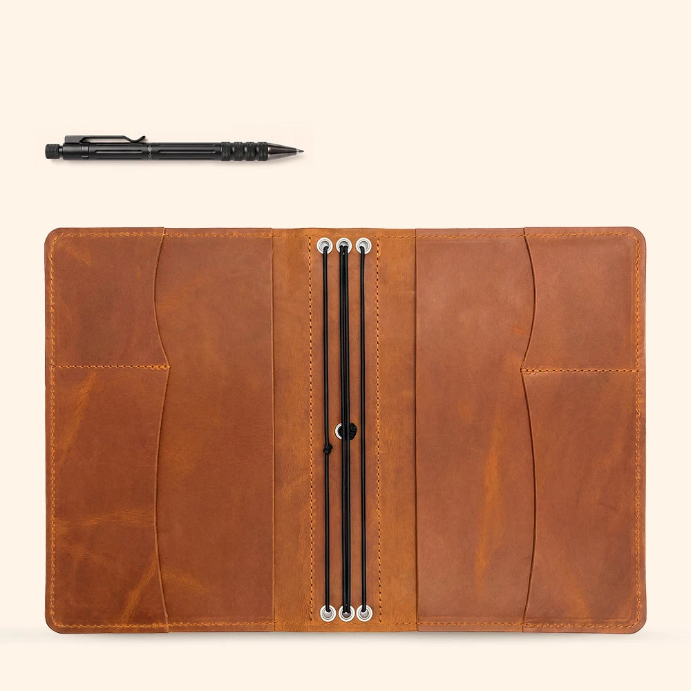 Leather notebook case with thoughtfully arranged compartments for everyday organization.