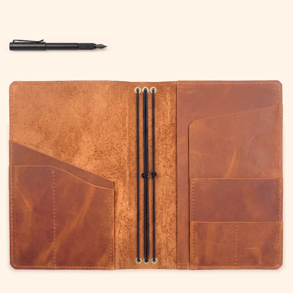 Handmade leather cover creating a compact setup for three notebook refills.