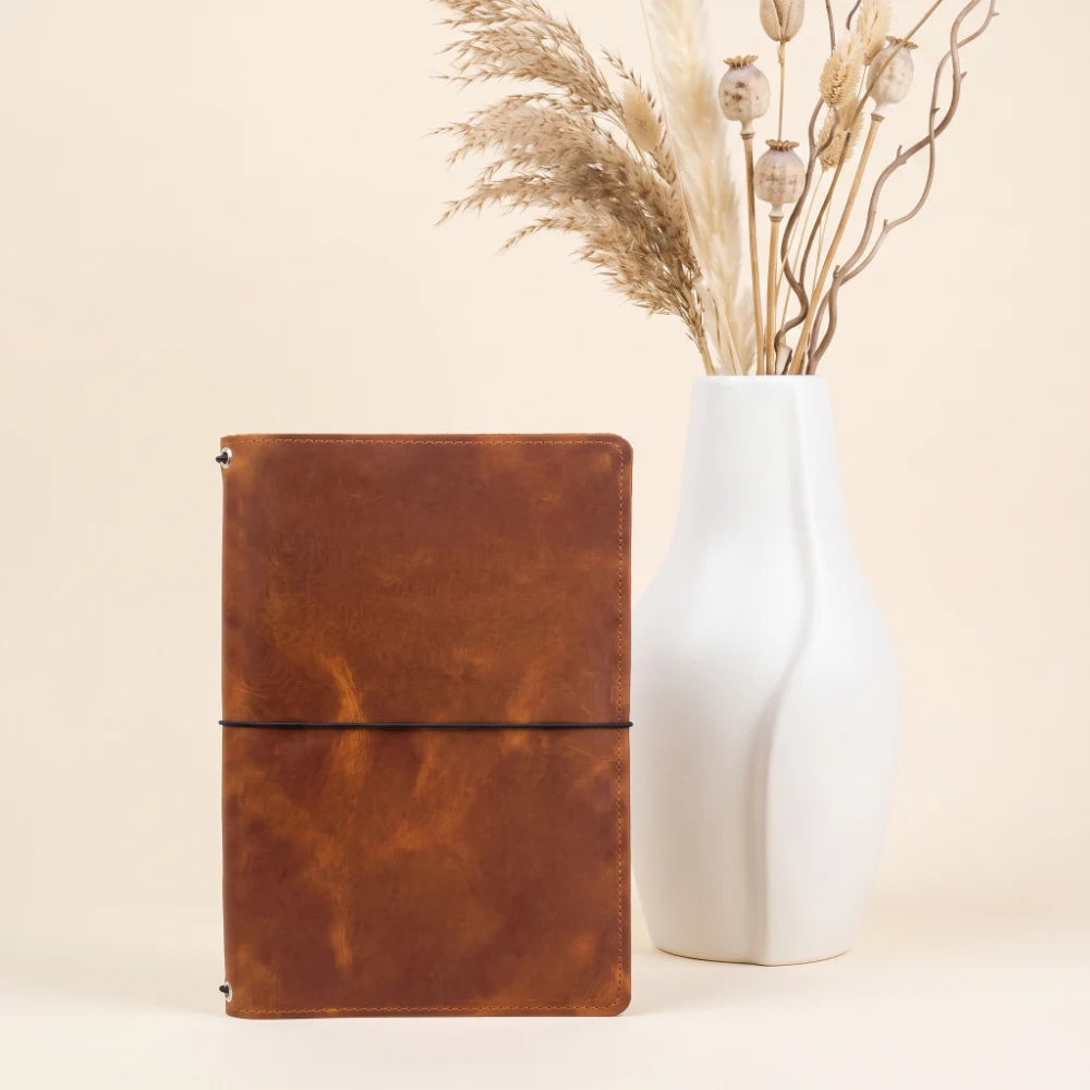 Leather notebook sleeve with three stretchable holders for removable paper booklets.