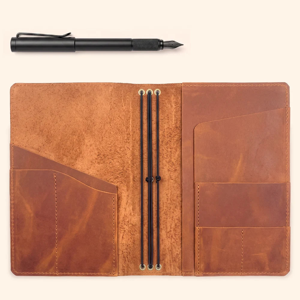 Premium handmade leather notebook holder designed for three flexible journal refills.