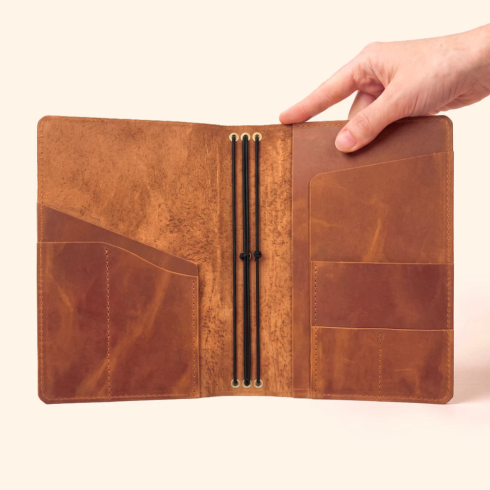 Refillable leather journal cover designed for three notebook inserts with elastic bands.