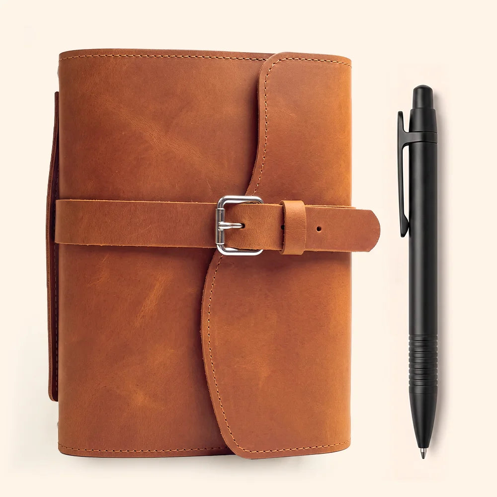Rustic leather planner case featuring useful pockets, dedicated pen loop, integrated page marker, and carry grip.
