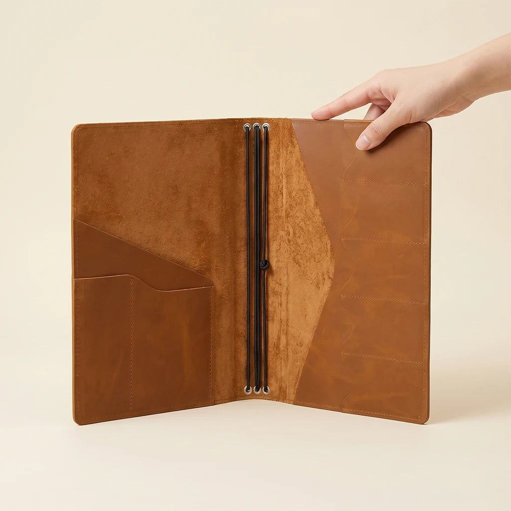 Minimalist journal organizer with genuine leather construction and refillable design.
