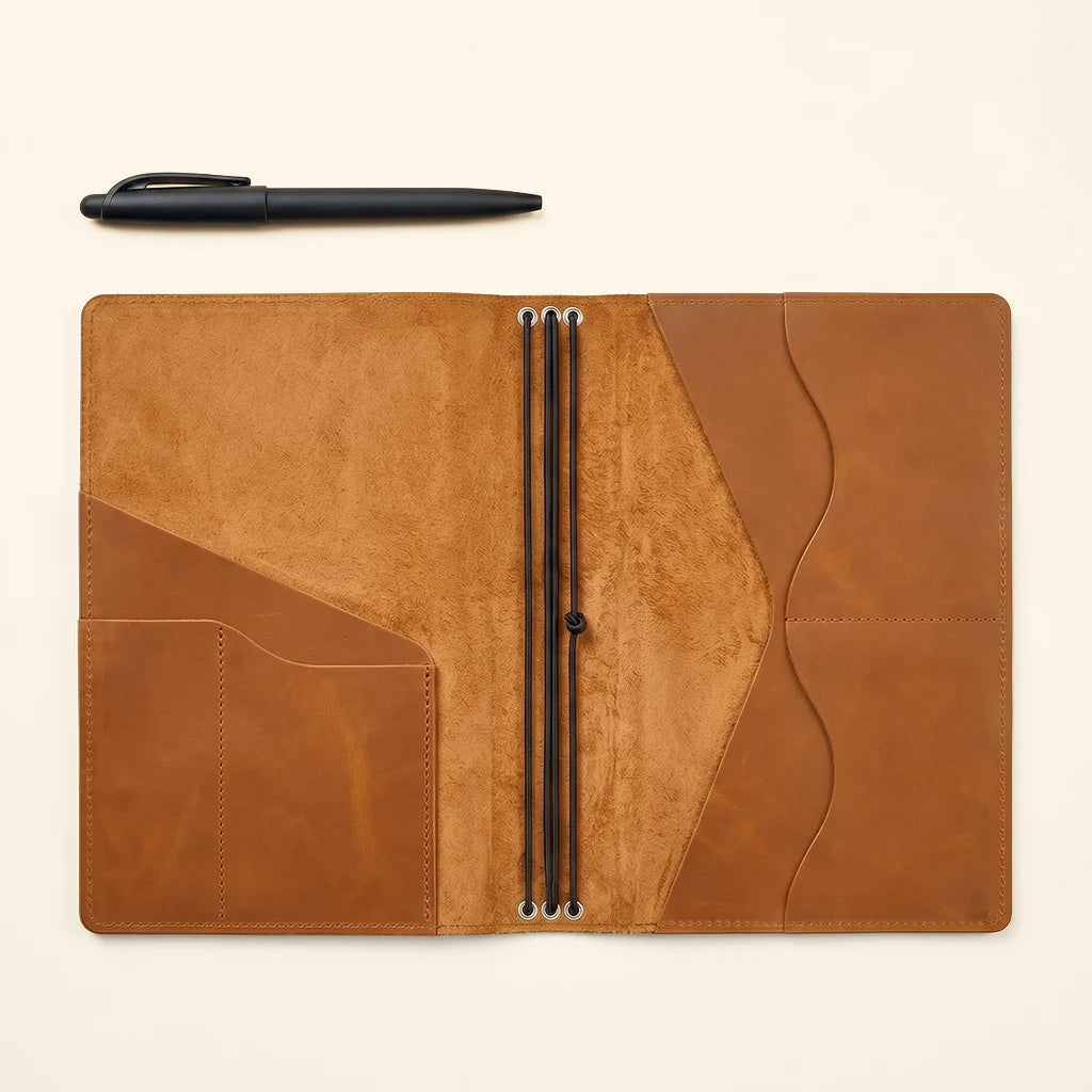 Refillable notebook holder with triple elastics and thoughtfully arranged pockets.