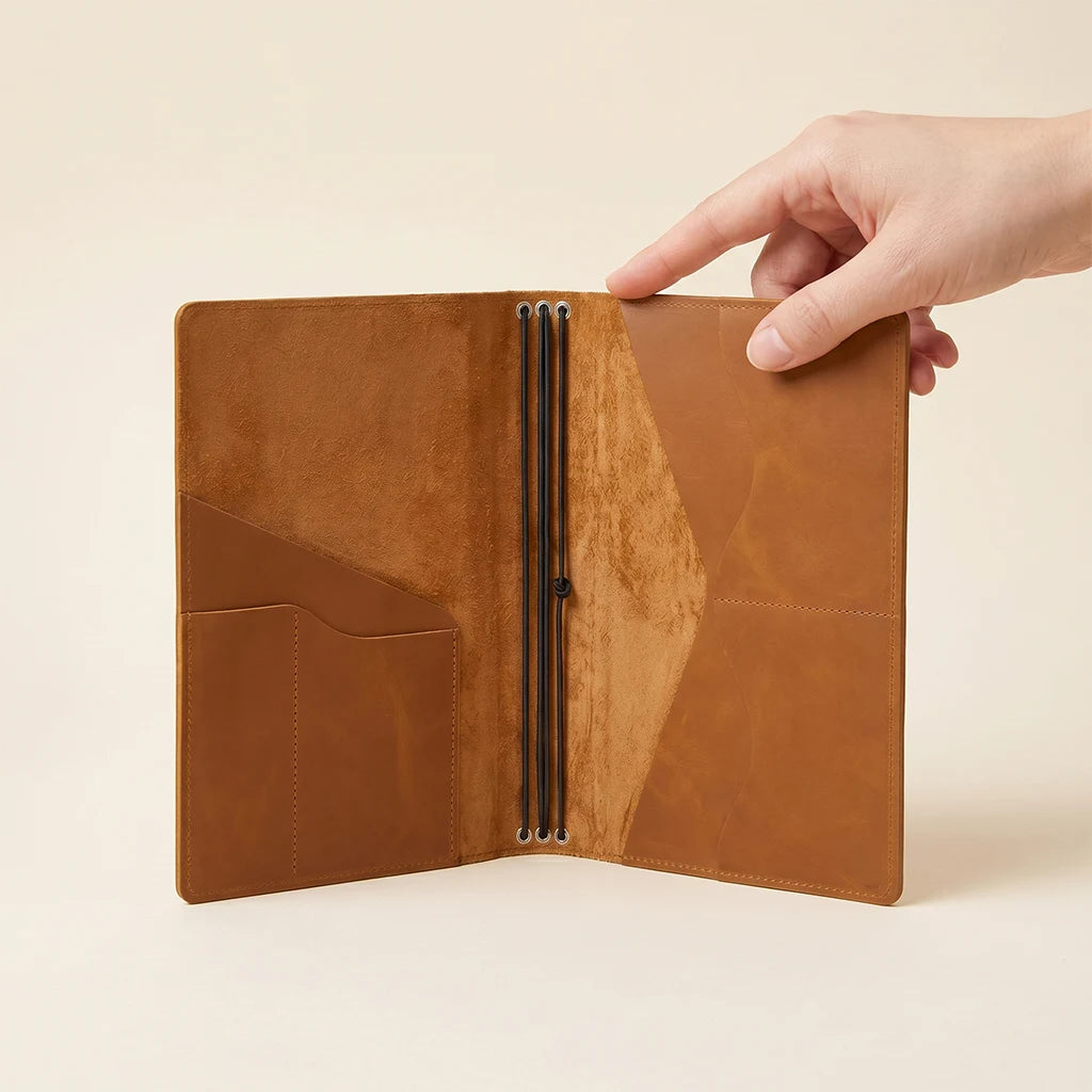 Refillable leather cover with secure elastic system and inner storage.