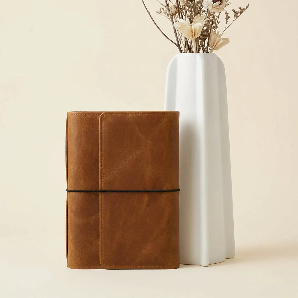 Brown leather notebook next to a white vase with dried flowers on a beige background
