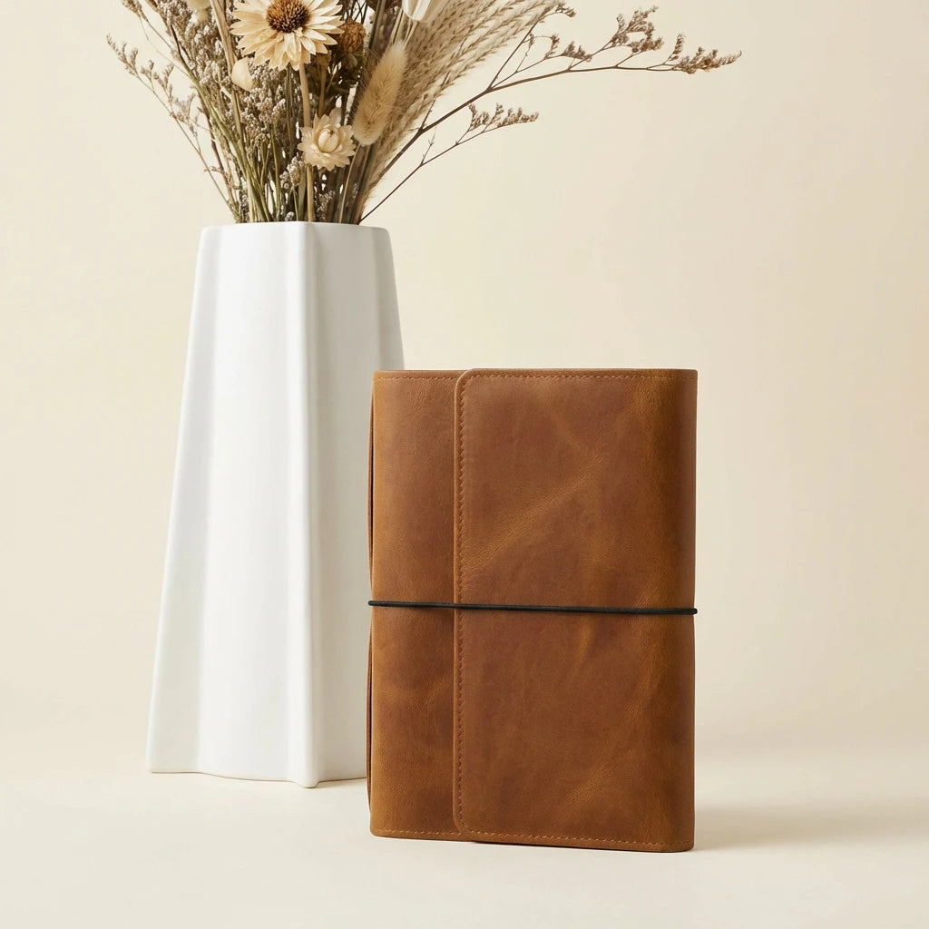 Brown leather notebook next to a white vase with dried flowers on a beige background