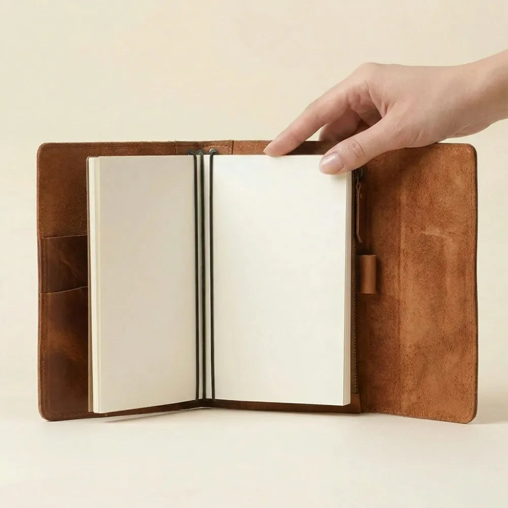 Leather travel journal cover with three elastic bands and pockets.
