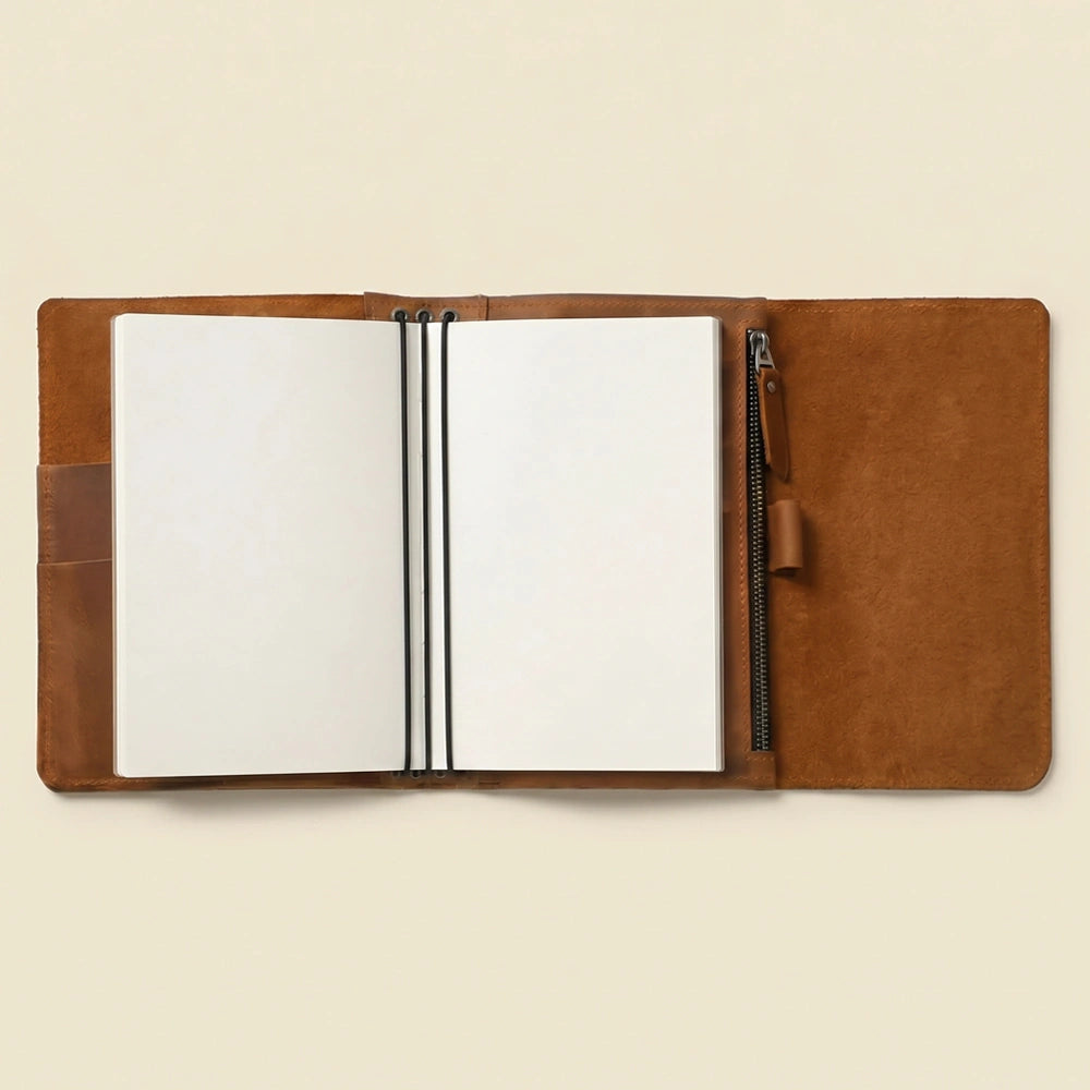 Handcrafted leather cover with pen loop, card pockets, and elastics.