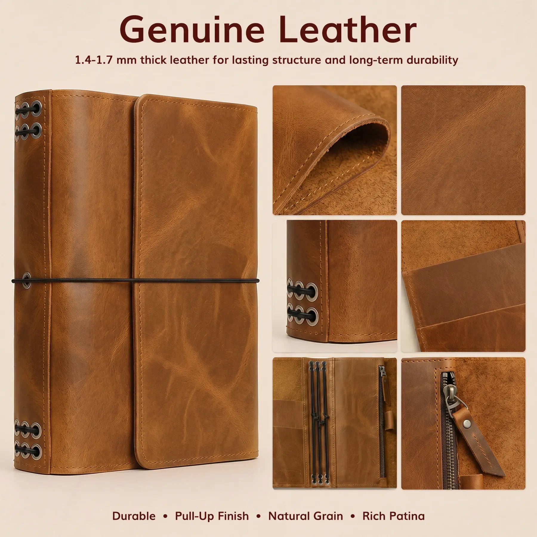 Refillable genuine leather notebook cover designed with elastic holders and spacious interior pockets.