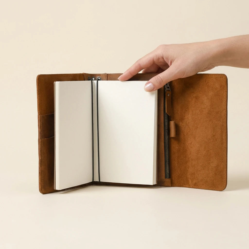 Brown leather notebook held open by a hand on a beige background