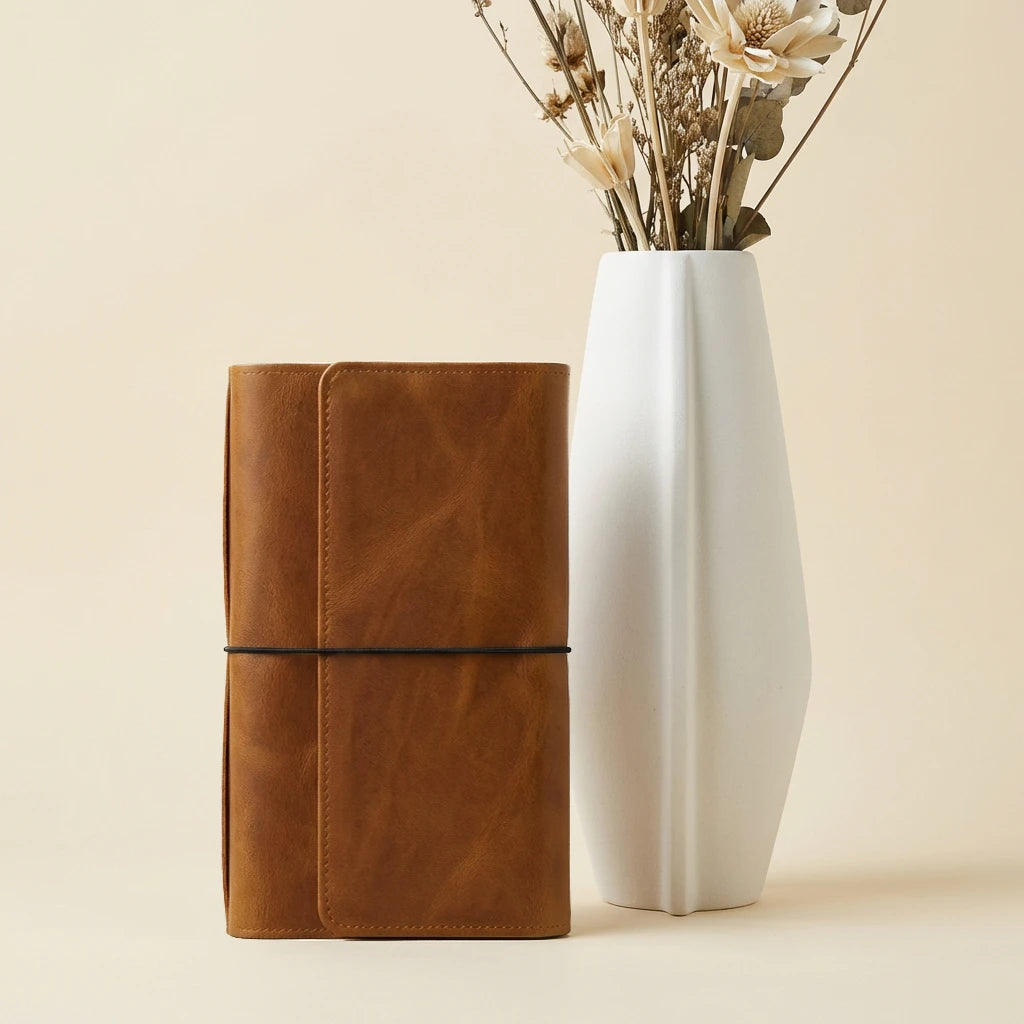 Brown leather notebook next to a white vase with dried flowers on a beige background