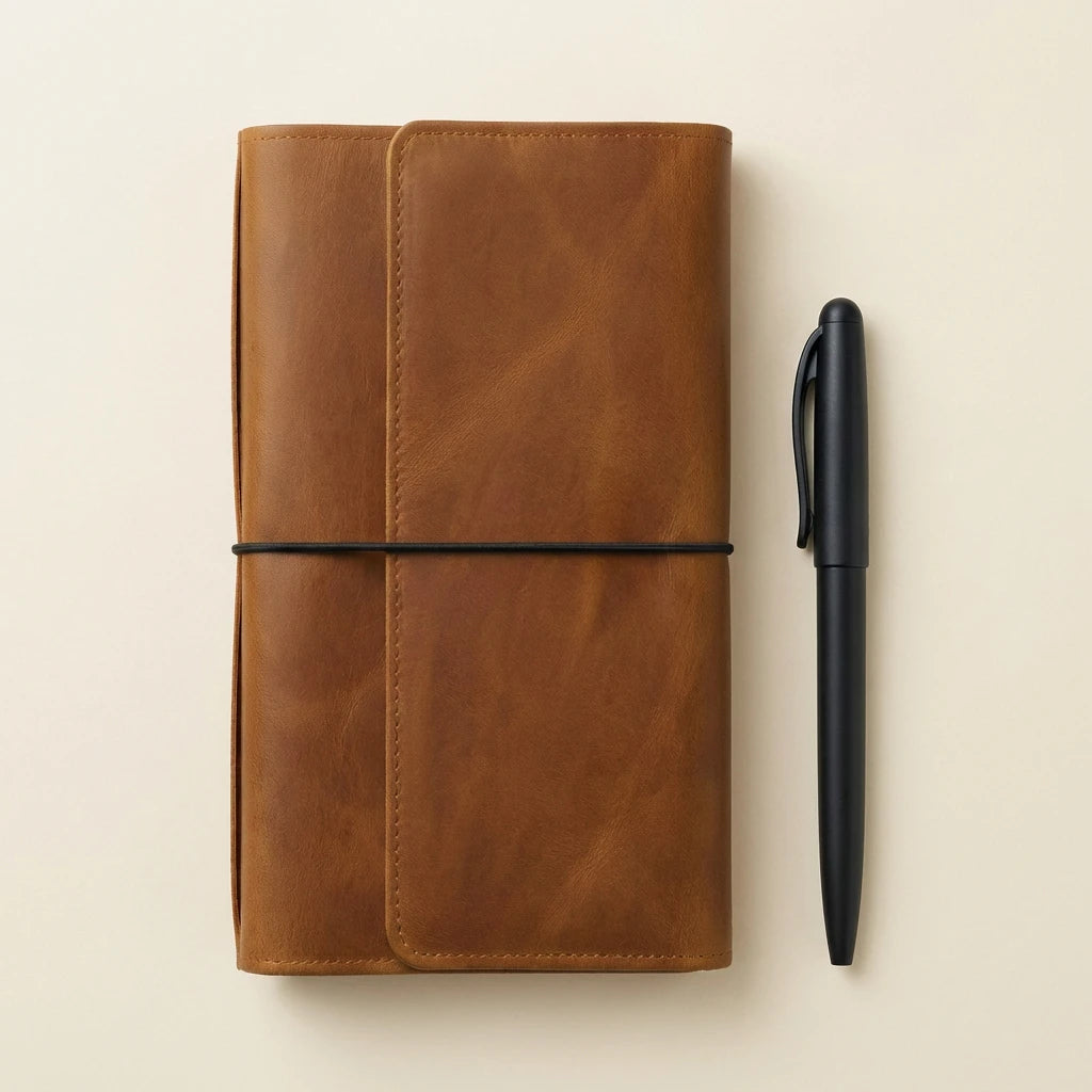 Brown leather notebook with a black pen on a beige background