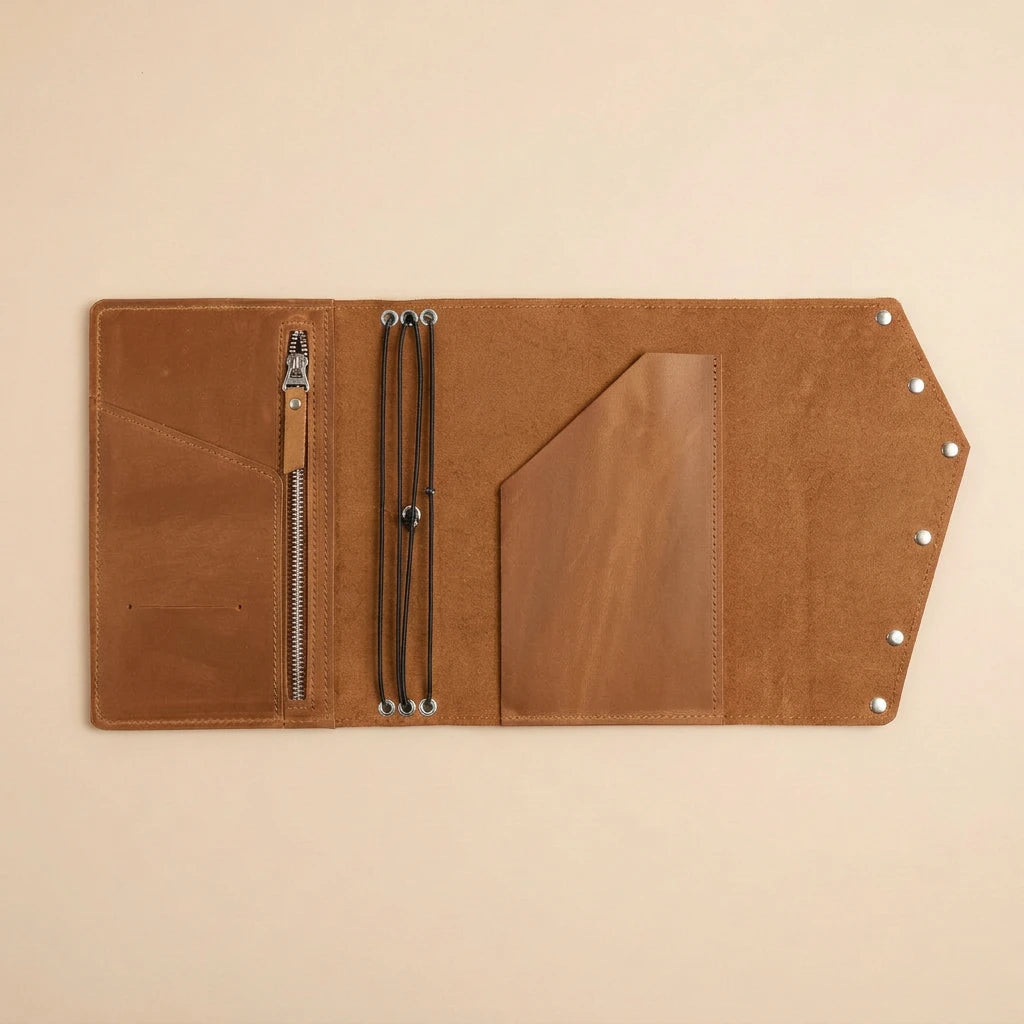 Brown leather journal with zipper on a beige background